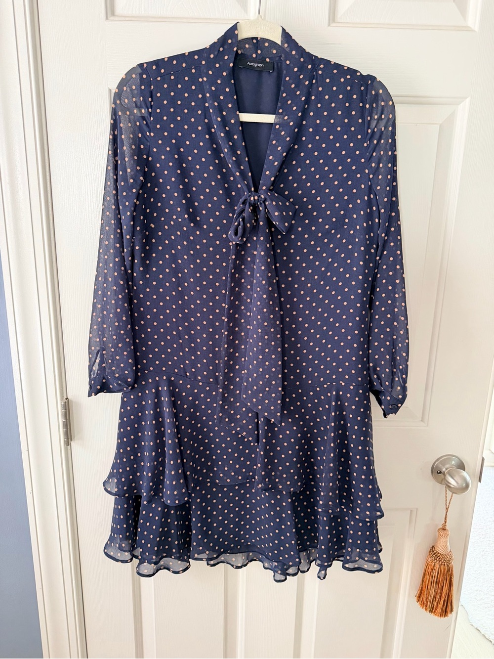 Autograph(M&S) Navy Dress with cream Polka Dots and Tie Neck